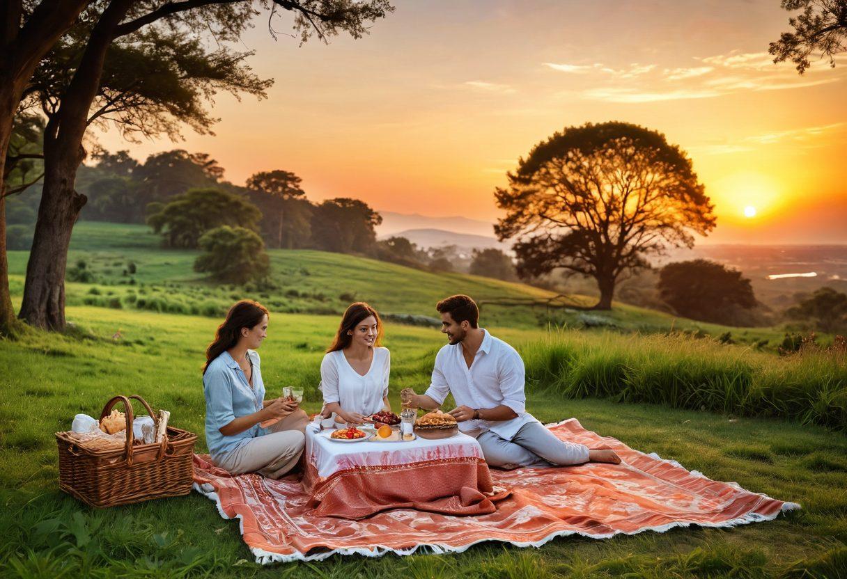 A scenic landscape featuring a couple enjoying a romantic getaway, surrounded by lush greenery and a stunning sunset. Include a cozy picnic setup with a vintage blanket and a picnic basket filled with delicious treats. Add soft, warm lighting to enhance the affectionate atmosphere, with gentle waves in the background to imply tranquility. The couple should appear blissfully happy, embodying the essence of exploration and romance. super-realistic. warm colors.