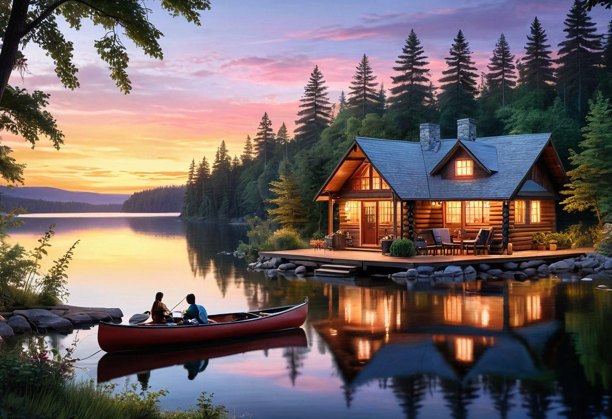 A serene lakeside sunset view featuring a cozy cabin with a warm glowing light, a couple enjoying a romantic dinner on the porch, and kids playing in the background with lush greenery surrounding them. Incorporate elements of adventure like a canoe on the lake and hiking trails in the distance. Soft pastel colors, dreamy atmosphere. super-realistic. vibrant colors. 3D.