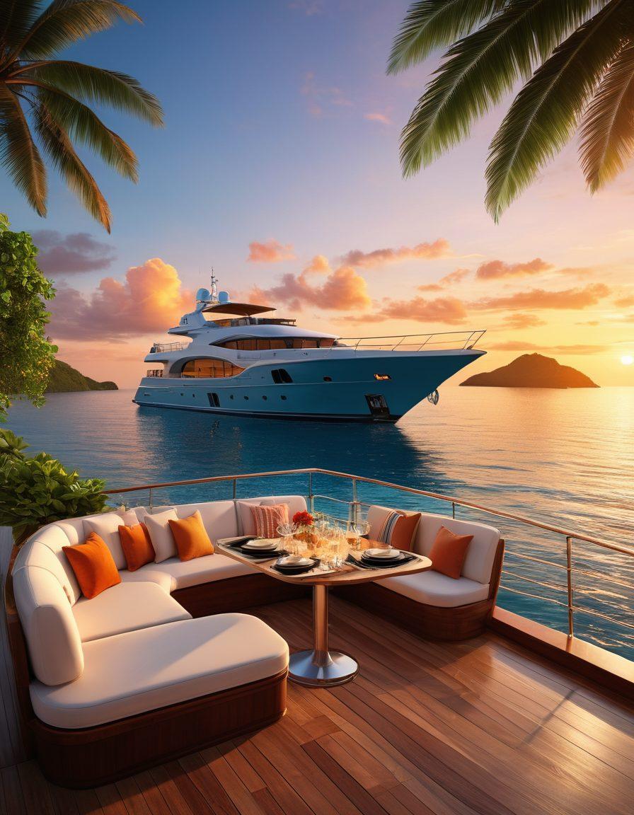 A luxurious travel scene featuring a couple enjoying a sunset on a private yacht, surrounded by tropical islands and crystal-clear waters. Include elements like gourmet dining on deck, lush greenery in the background, and a sky painted with warm colors of twilight. Capture the essence of adventure with a hint of elegance. super-realistic. vibrant colors. 3D.